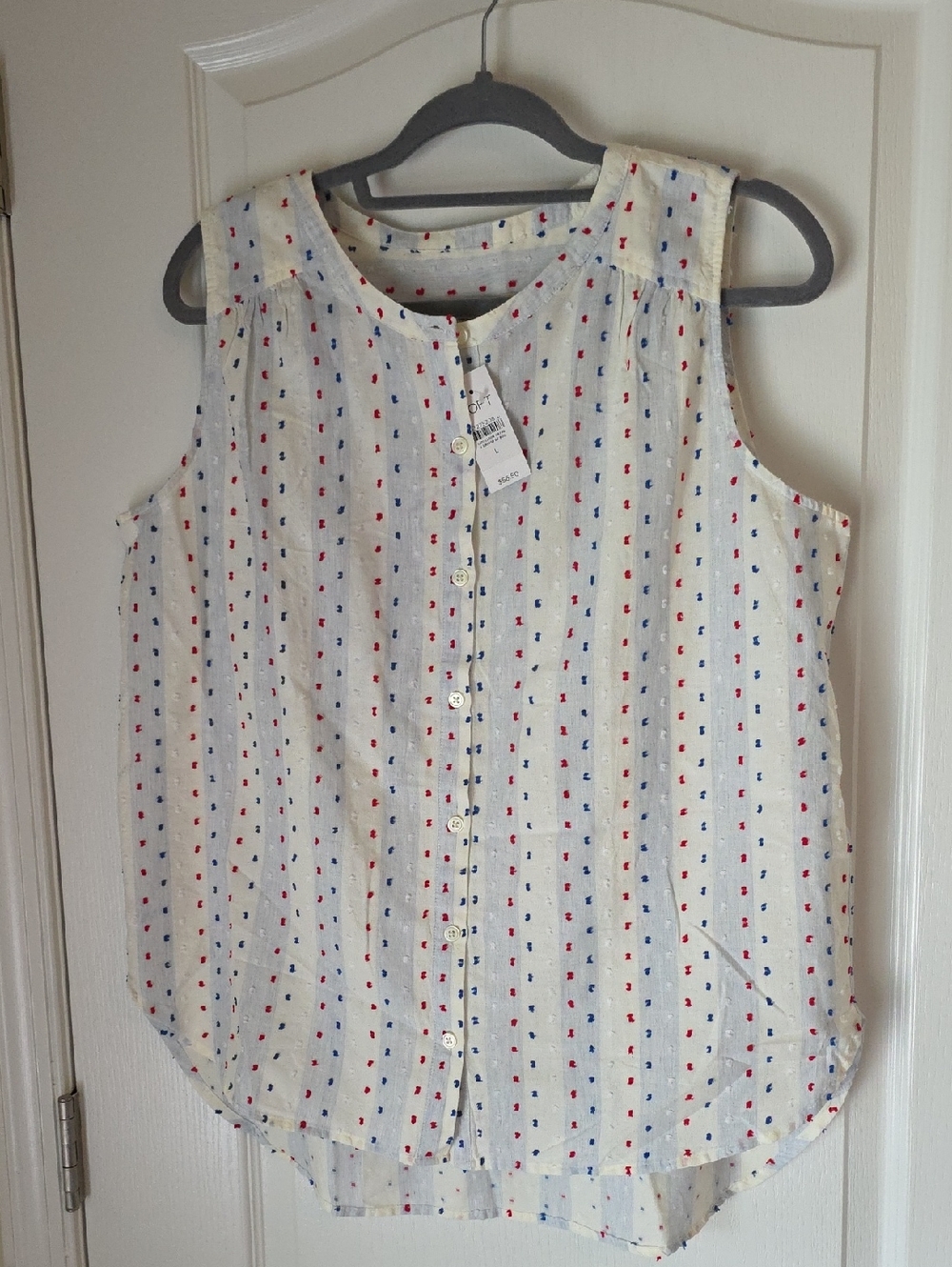 Loft Sleeveless Button-Front Cotton Blend Top in Ivory with Red & Blue Dots